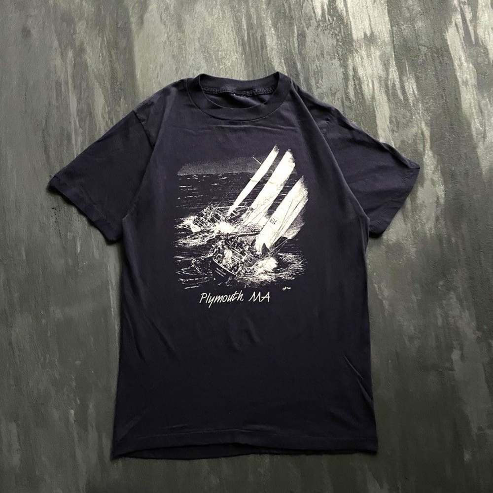 Vintage Plymouth MA Sailing Graphic  Mens Small Navy Blue 1980s